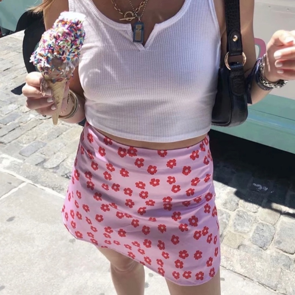 Pink satin floral skirt